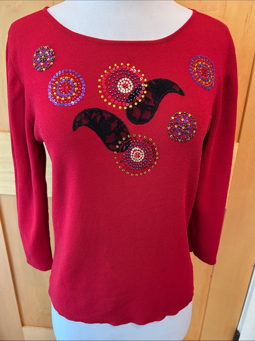 Ruby Rd. Red Embellished Scoop Neck Knit Sweater Small